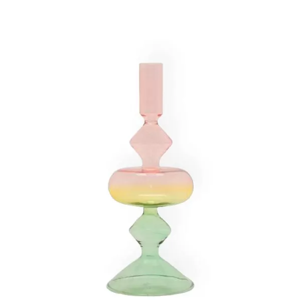 EJA Vases / Petits Objects Déco^Bougeoir Verre H 23 Cm Tie And Dye - Vert, Jaune & Rose
